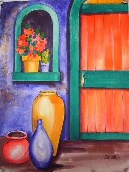 a painting utilizing red, yellow, blue, purple, and green.